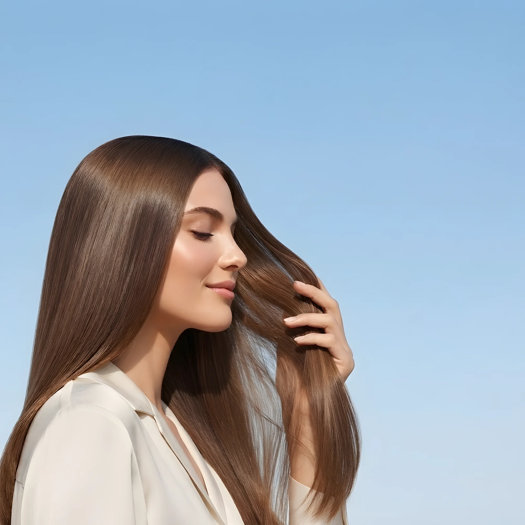Mulher de perfil passando a mão no cabelo liso e brilhante